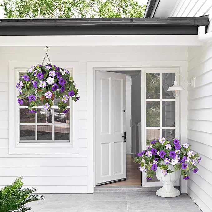 Artificial Hanging Fake Flowers with Basket Plants for Outdoor Decoration, Faux Silk Flower UV Resistant Morning Glory for Home Porch Patio Garden Balcony Yard Look Real (Purple White)