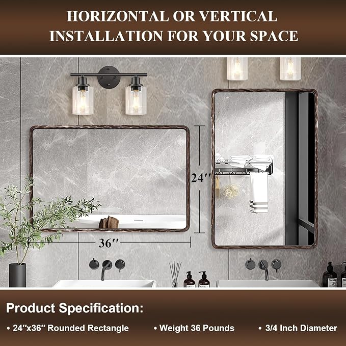 ANDY STAR Hand-Forged Bronze Bathroom Mirror for Wall, 24x36 Inch Vintage Solid Steel Metal Frame Bathroom Vanity Mirror, Antique Rounded Rectangle Wall Mirror, Hangs Horizontally or Vertically