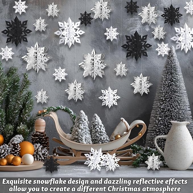 OuMuaMua Christmas Snowflake Decorations Indoor, 24PCS 3D Paper Snowflakes Hanging Ornaments Snowflake Garlands for Xmas Christmas Tree Winter Wonderland New Year Party Home Decorations