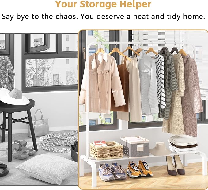 Clothes Rack Metal Clothing Rack with Bottom Shelf Garment Rack for Hanging Clothes Shirts Jeans and Coats White