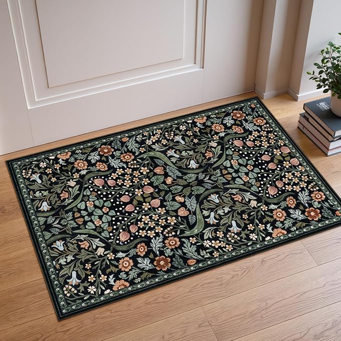 Moynesa Floral 2x3 Entryway Rug, Washable Kitchen Rugs Non Slip Front Door Mat for Indoor Entrance, Boho Ultra Thin Small Rug Soft Botanical Throw Carpet for Bathroom Bedroom, Black
