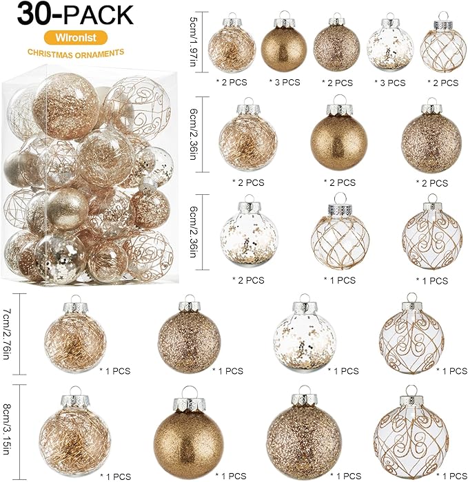 Wironlst Christmas Ball Ornaments Shatterproof Clear Large Plastic Hanging Ball Decorative Baubles Set with Stuffed Delicate Decorations (Multi-Size, Champagne)