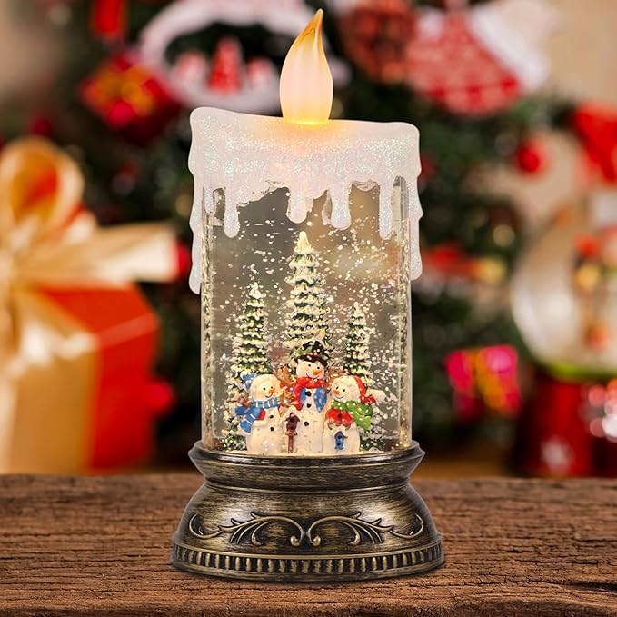GenSwin Christmas Snow Globe Candle, Swirling Glittering Candle with Timer Music and 3 Snowman Scene, Winter Snow Shaped Lantern, USB/Battery Operated Candles for Christmas Indoor Decoration(8 Songs)
