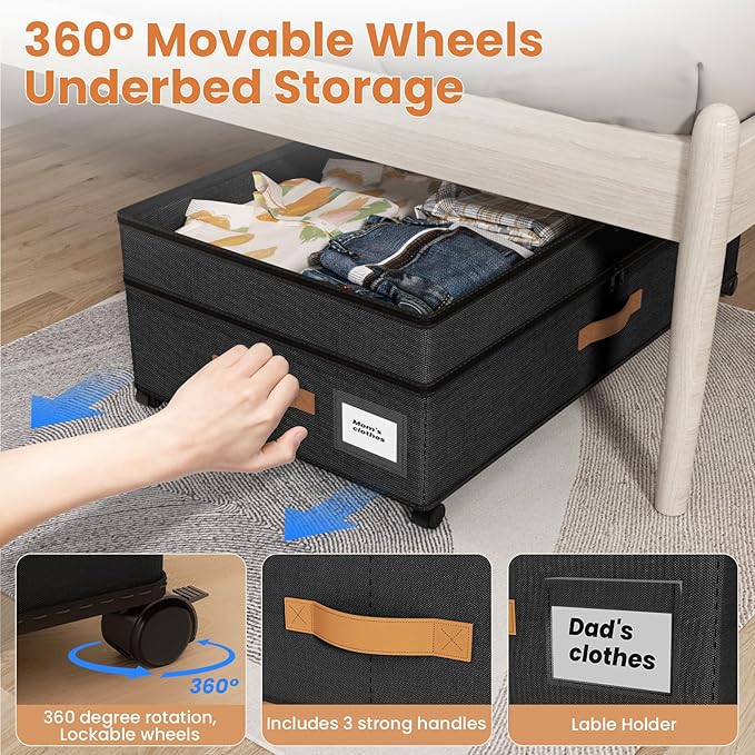 Under Bed Storage with Wheels, 72L XXL Under the Bed Storage Containers Large, 10‘’ Tall Adjustable Storage for Underbed with Lids, Rolling for Shoes, Clothes, Blankets, Black