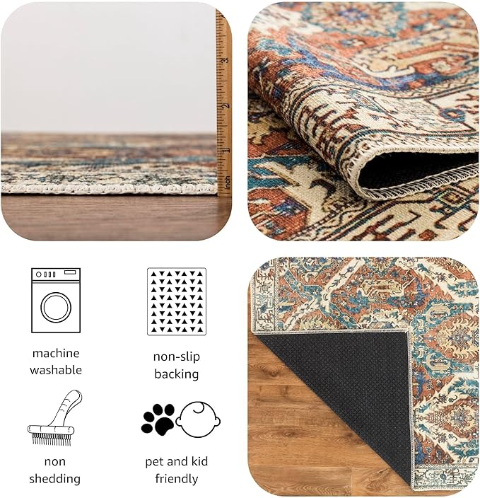 Keen Home Design 9x12 Rug - Machine Washable Area Rug with Non-Slip Backing, Ideal for Living Room, Dining Room, Bedroom - Vintage, Easy Clean, Durable, Low Pile Rug - (9' x 12')