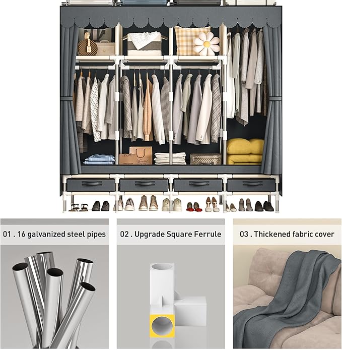 Large Portable Wardrobe with 4 Hanging Rods and Drawers, Armoire, Metal Storage Wardrobe Hangers, Upgraded Grey Non-Woven Dust Cover for Handing Closet,Large Closets for Bedroom