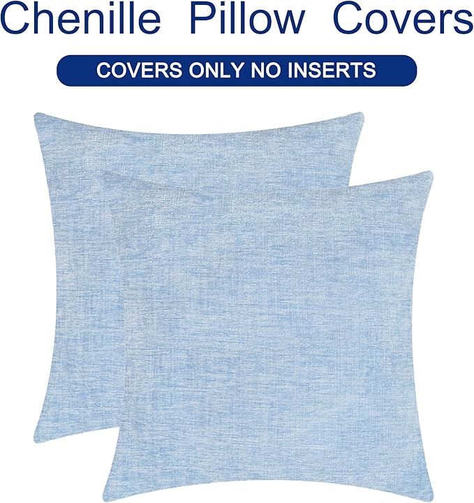 CaliTime Throw Pillow Covers Decorative 18 X 18 Inches Pack of 2 Cozy Chenille Cushion Cases for Couch Sofa Bed Living Room Home Baby Blue