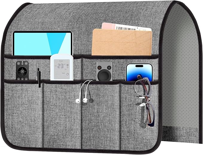 Armchair Caddy & Remote Control Holder for Couch & Recliner | Non-Slip Armrest Organizer with 6 Pockets for TV Remote, Phone, Tablet, Magazine & More, 19 x 35 Inches, Gray