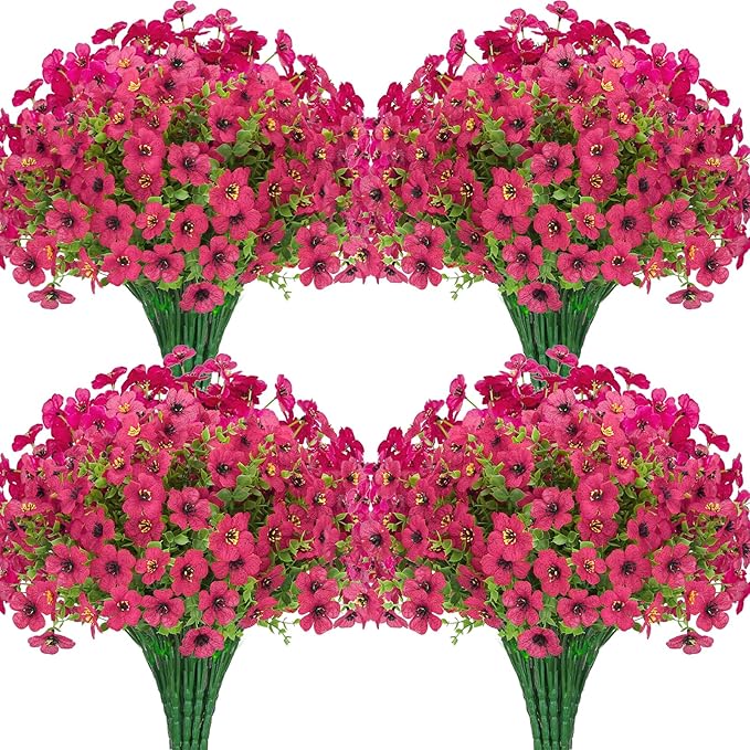 24 Bundles Artificial Flowers for Outdoors Decorations, Fake Flowers Artificial Plants Outdoor, Colorful Daisy Eucalyptus Realistic UV Resistant for Garden Patio Porch Home Decor, Rose Red