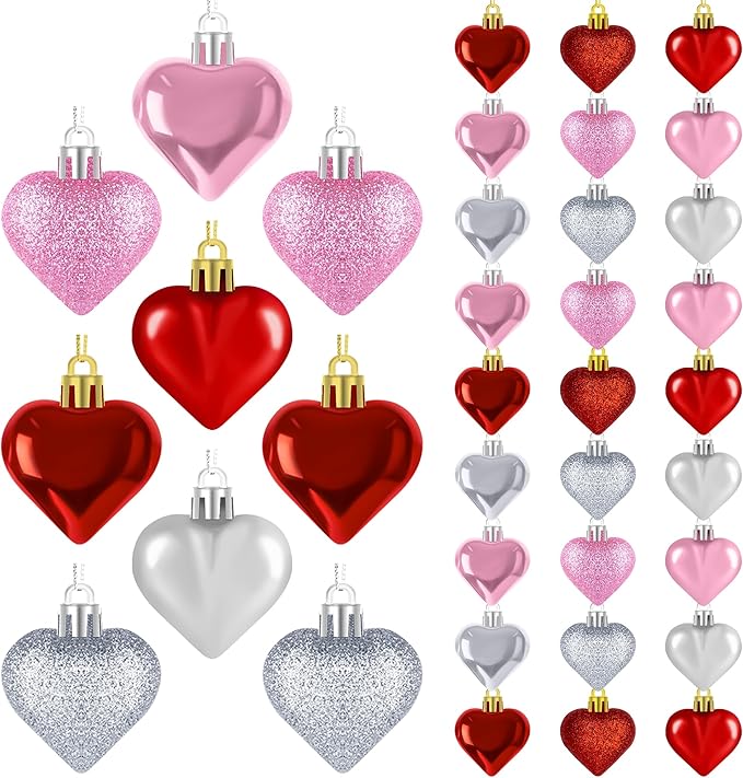 36PCS Heart Ornaments, 2 Sizes Shaped Hanging Ornaments in Red Pink Silver Colors, Glossy Baubles for Love Day Decor, Decorations for Wedding Party