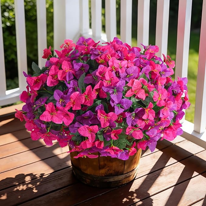 Faux Bougainvillea Artificial Flowers Plants for Outdoors, 4 Bundles Spring Fake Outdoor Flowers Silk Bougainvillea for Outside UV Resistant Realistic for Porch Patio Window Planter Garden Home, White