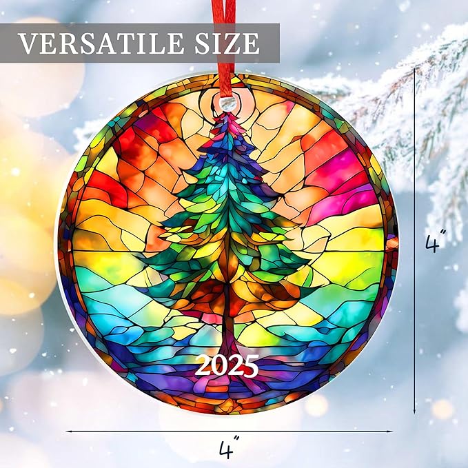 Jabihome Christmas Ornaments 2025, Exchange for Women, Men, Collectible Dated Year Ornaments for Tree, Unique Acrylic Suncatcher, Printed Stained Glass Effect Decor (Christmas Tree)