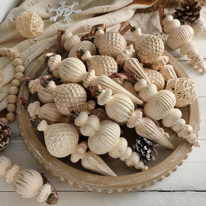 Yunlly 18 Pcs Neutral Christmas Ornaments Textured Christmas Tree Decor with Hanging Loop Modern Brown Hanging Ornaments Finial Shatterproof Decor for Xmas Vintage Rustic Farmhouse (Retro White)