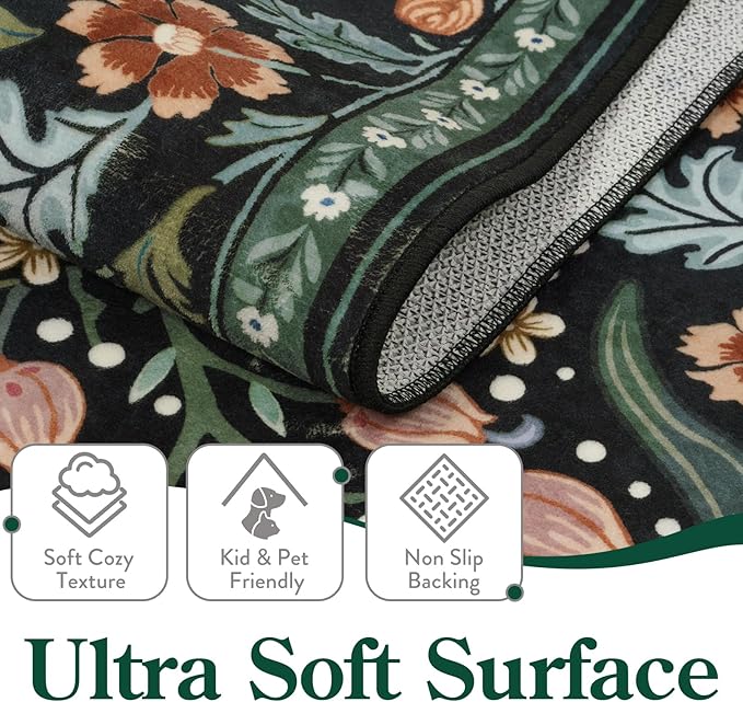 Moynesa Floral Area Rugs 4x6, Boho Washable Living Room Rugs, Non Slip Soft Rugs for Bedroom, Botanical Ultra Thin Entryway Throw Carpet for Kitchen Dorm Bathroom, Black