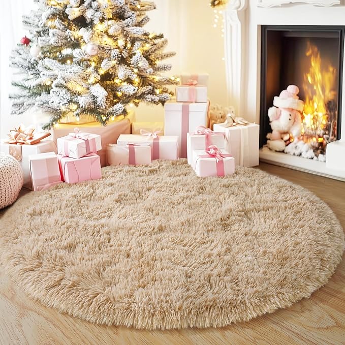 5'x5' Beige Round Rug for Bedroom, Ultra Soft Fluffy Circle Rug for Kids Girls Boys Room, Cute Shag Rugs for Living Room Playroom Tent Castle Home Decor Rug