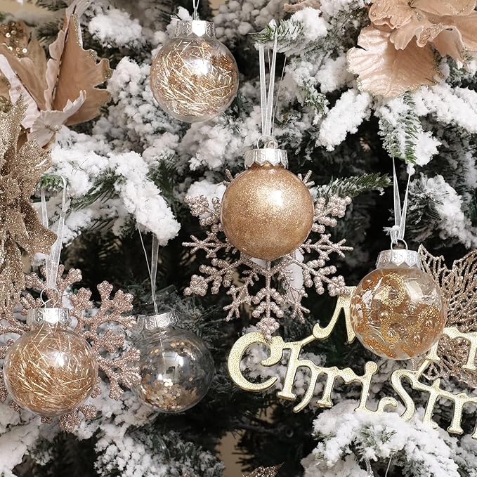 Wironlst Christmas Ball Ornaments Shatterproof Clear Large Plastic Hanging Ball Decorative Baubles Set with Stuffed Delicate Decorations (Multi-Size, Champagne)