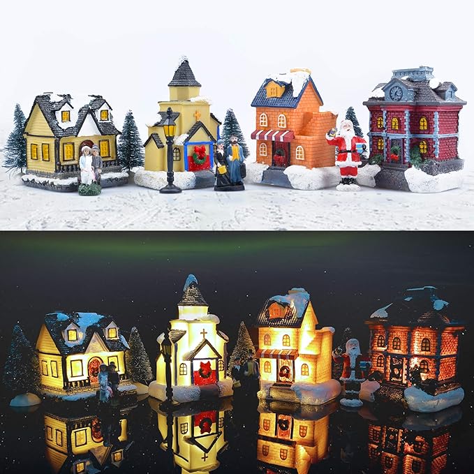 Christmas Village Sets-Christmas Decorations,LED Lighted Christmas Village Houses with Figurines, Christmas Village Collection Indoor Room Decor - Collectible Buildings