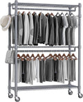 Homdox Rolling Clothes Rack Heavy Duty, 3-Tier Adjustable Wire Shelving Garment Organizer with Double Rods & Hooks, Portable Clothes Rack with Wheels, 17.72" D x 47.24" W x 80.71" H, Grey