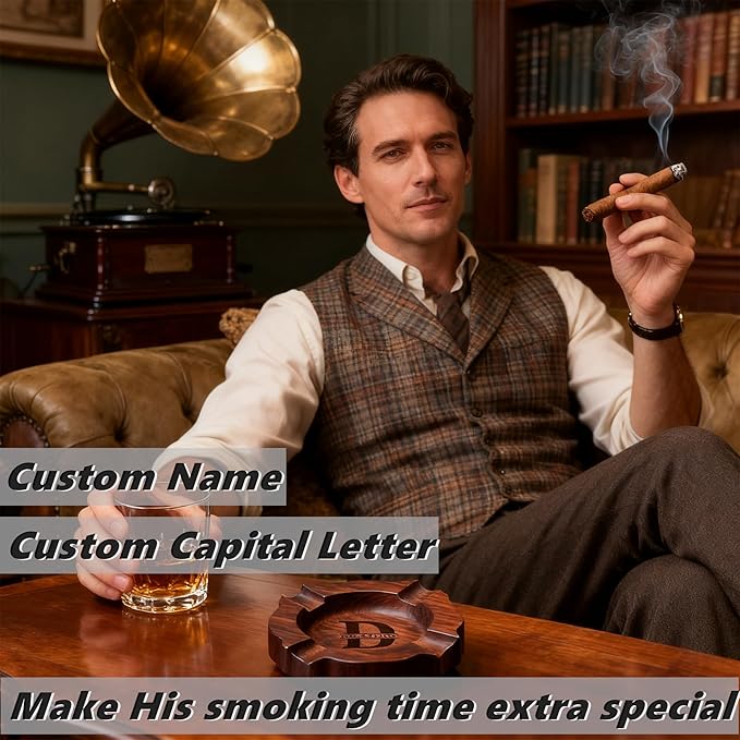 Personalized Name Walnut Cigar Ash Tray Set for Men Custom Wooden Cigar Ashtray Monogramed Men Father's Day Ashtray Gifts for Husband Fathers Groomsmen Papa Grandpa (Retro Tray Set)