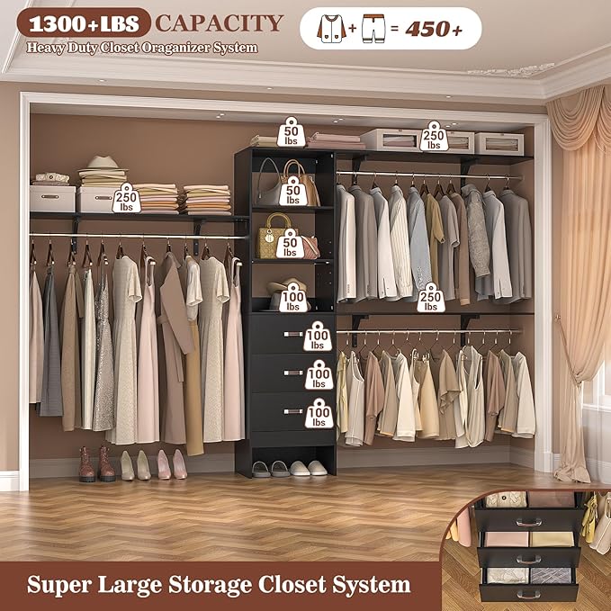 Armocity 120 Inches Closet System, 10FT Walk In Closet Organizer with 3 Shelving Towers, Heavy Duty Clothes Rack with 3 Drawers, Built-In Garment Rack, 120" L x 16" W x 75" H, Max Load 1300 LBS, Black