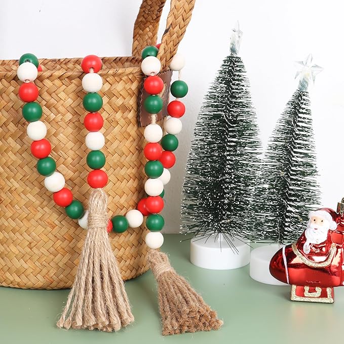Christmas Wood Bead Garland,39in Farmhouse Beads with Tassels Tiered Tray Decor Wall Hanging Home Ornaments for Christmas Tree Decorations