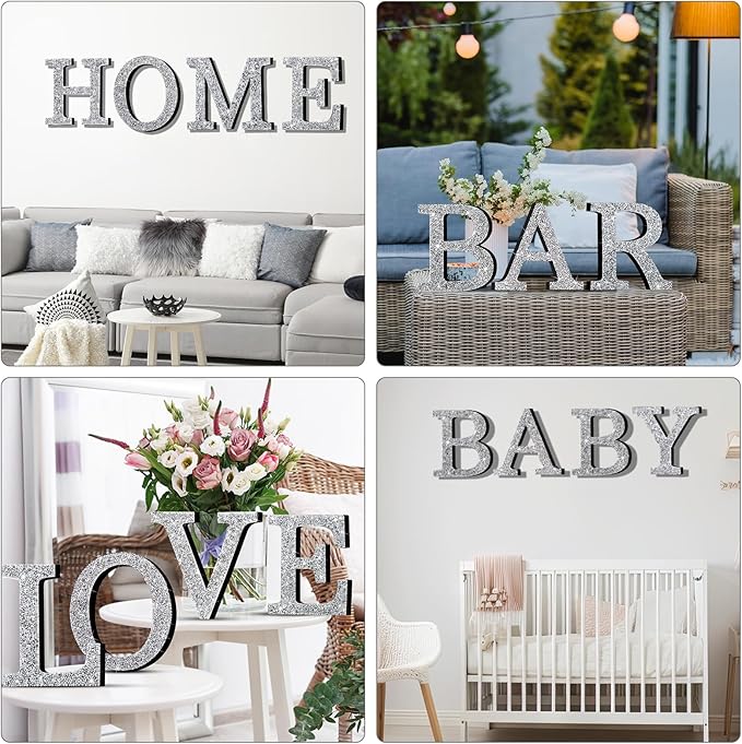 Qunclay 5.7" Silver Crystal Diamond Bling Letters Crushed Diamond Decoration Wooden Glitter Letter with Screw and Hooks Rhinestone Gift for Wedding Y2k Mcbling Bedroom Wall Decor (Letter P)