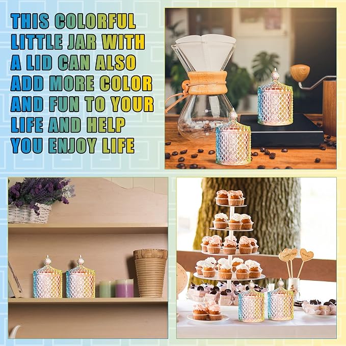 Aoriher 4 Pcs Crystal Glass Candy Jar Set with Lids Home Decorative Storage Jars for Apothecary, Bathroom, Kitchen, and Pantry, Ideal for Cotton Swabs and Jewelry(Medium,Colorful)