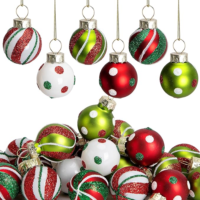Watayo 24 Pcs Christmas Glittering Elf Balls Glass Ornaments for Tree, 1" Mini Painted Swirl Dots Elf Balls Hanging Ornaments, Christmas Red Green Ball Tree Decoration for Xmas Party Home Decor