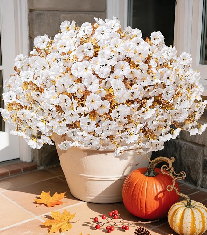 Fake Mums Fall Artificial Flowers Plants for Outdoors Autumn Decoration, 12 Bundles White Silk Morning Glory with Eucalyptus Realistic UV Resistant Faux Flowers for Outside Planter Yard Garden Porch