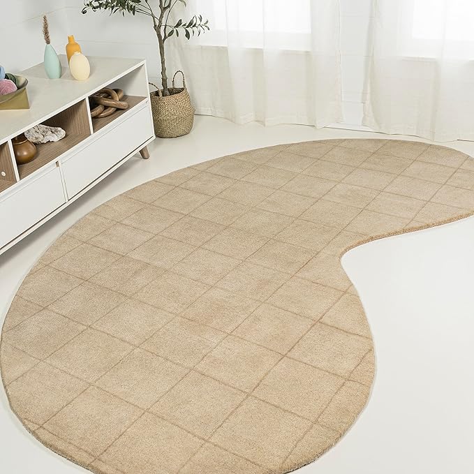 JONATHAN Y Bean Grid Handwoven Wool Beige/Light Brown Shaped Indoor Area Rug, 8x10, Modern, Plaid, Easy-Cleaning for Living Room, Bedroom, Kitchen, Pet Friendly, Non-Shedding (GST104A-8)