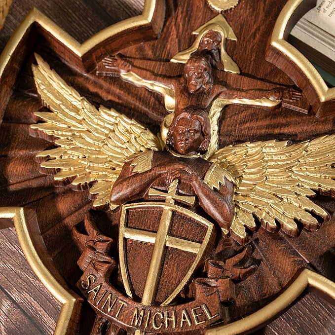 BGCOPPER Saint Michael Cross Wall Decor, Wooden Holy Trinity Crucifix Wall Cross, Jesus Cross for Wall Hanging Christmas Gift (14 Inch)