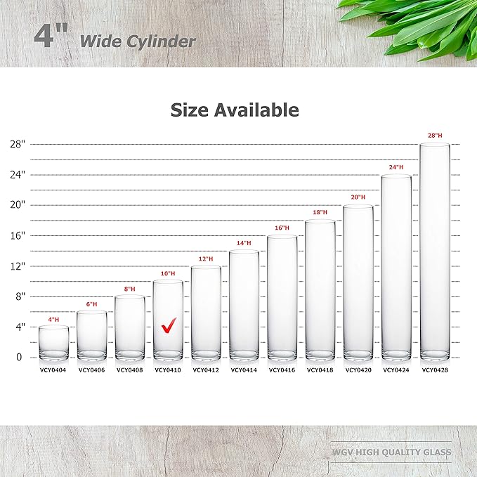 WGVI Quality Thick Weighted Clear Cylinder Glass Vases, 4" W x 10" H, Flower Arrangement Floating Candle Holders Wedding Centerpieces Terrarium Planter Floral Storage Container, Bulk Wholesale, 6 Pcs