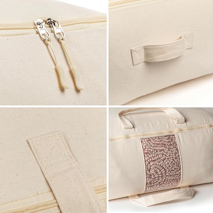 Soft Canvas Storage Bags with Zipper. Thick Breathable, 1pc King/Queen Comforter Organizer. Four Carrying Handles and Window. Large 25x19x9in Bag for Sheets Blankets Bedding Pillows, Clothes