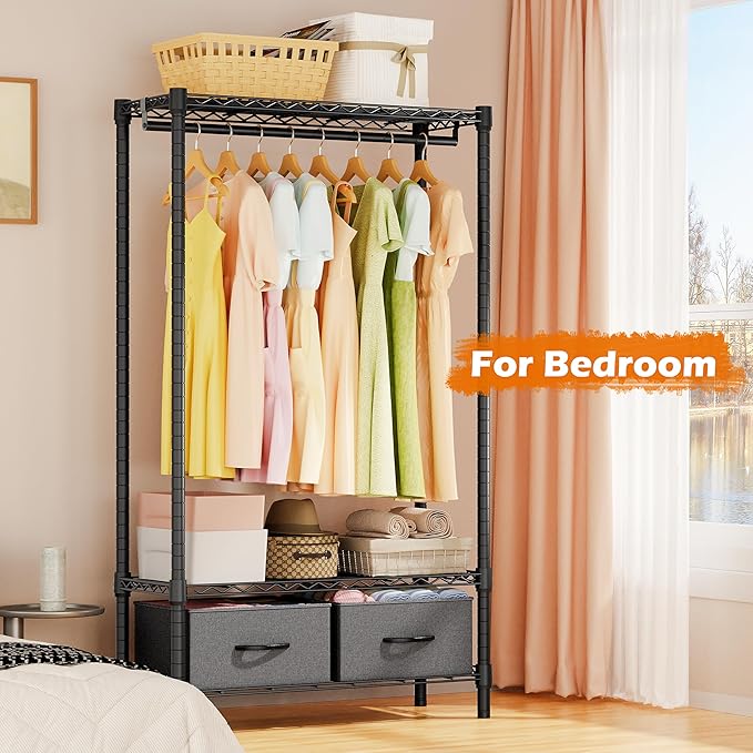 Heavy Duty Rolling Garment Rack 3 Tiers Adjustable Wire Shelving with Rod, Storage Closet Clothing Rack with Drawers Dark Grey, 15.8" D x 35.5" W x 72.4" H