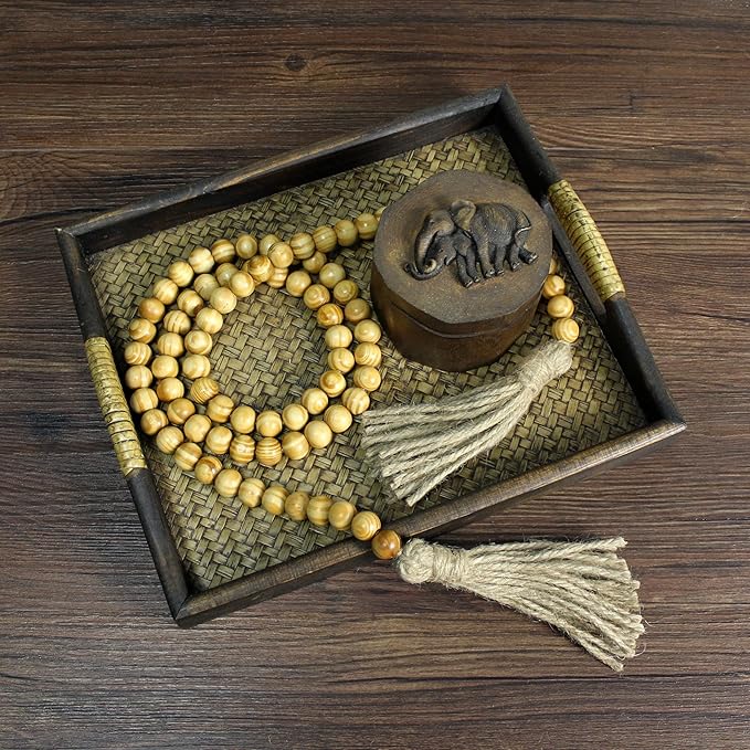 CVHOMEDECO. Wood Grain Beads Garland with Tassels Farmhouse Rustic Wooden Prayer Bead String Wall Hanging Accent for Home Festival Decor. Light Tan
