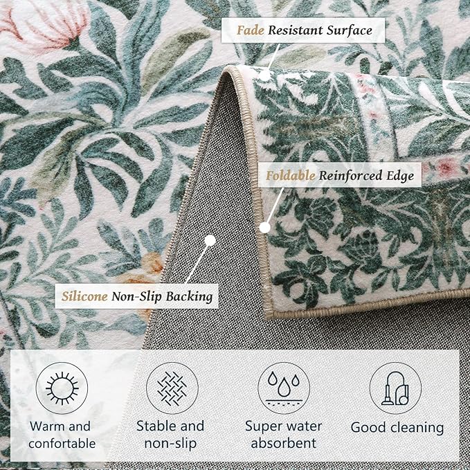 Botanical Floral Washable Runners for Hallways Area Rug 2x6 Light Green Cream Vintage Garden Design, Perfect for Carpet for Kitchen Bedroom Bathroom Laundry Room