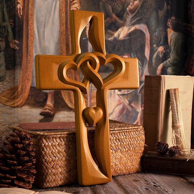 BGCOPPER Marriage Cross for Wall Love Wall Decor, Handmade Wooden Intertwined Heart Wall Cross for Wedding Valentine Christmas Gift (Wood, 14 Inch)