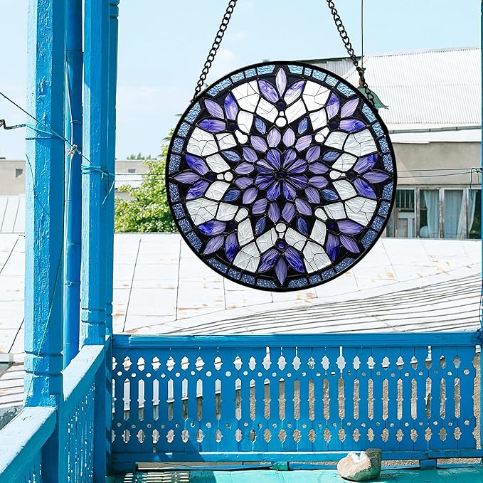 Stained Glass Window Hanging, Purple Blue Tiffany Style Flowers Sun Catcher for Window Door Home Decor Suncatcher Christmas Mother's Day Birthday Gifts for Women Men Mom Nana 9.8 in
