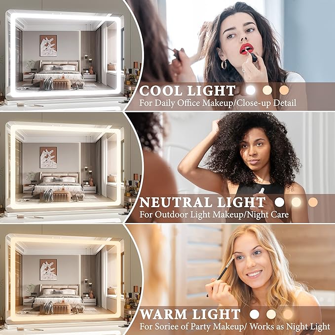 FENNIO Vanity Mirror with Lights 32"x22", Lighted Makeup Mirror, Large Vanity Mirror with Lights, Touch Sensor with 3-Color Lighting, USB Charging Port for Vanity Desk Tabletop