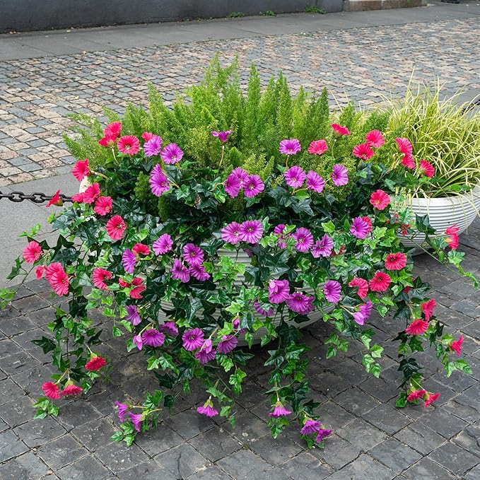 Artificial Flowers Faux Outdoor Plants Artificial Petunias For Outdoors Uv Resistant Fake Petunias Plants Hanging Flower Patio Decor Outside Basket Realistic Silk Plant No Pot(Rose Red 2pcs)