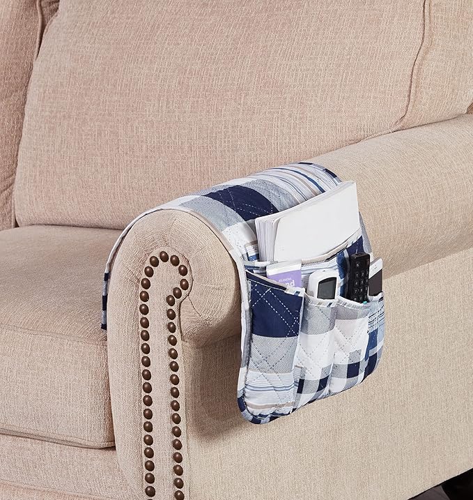 Brilliant Sunshine Multi Blue Plaids and Stripes Patchwork Sofa Armrest 5 Pockets Organizer, Slip Resistant Armchair Caddy, Washable Remote Controls Holder, Storage for Magazine, Tablet, 35×13", Blue