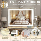 FENNIO Vanity Mirror with Lights 32"x22", Lighted Makeup Mirror, Large Vanity Mirror, Touch Sensor with 3-Color Lighting, 10X Magnification and USB Charging Port for Vanity Desk（Square Gold）