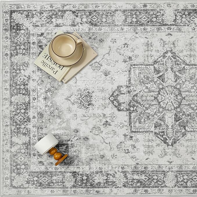 Gray 5x7 Area Rug Washable Vintage Living Room Carpet Non Slip Retro Distressed Low Pile Soft Oriental Medallion Thin Grey Throw Rug for Kitchen Bathroom Office Bedroom Dining Room