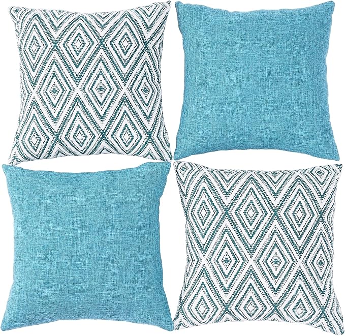 HPUK Decorative Throw Pillow Covers Set of 4 Geometric Design Linen Cushion Cover for Couch Sofa Living Room, 20"x20" inches, Aqua Blue