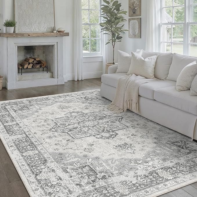 Gray 6x9 Area Rug Washable Vintage Living Room Carpet Non Slip Retro Distressed Low Pile Soft Oriental Medallion Thin Large Grey Throw Rug for Office Bedroom Dining Room Playroom
