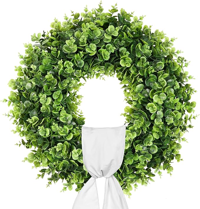 Vlorart 25" Faux Round Boxwood Wreath, Artificial Boxwood Wreath Front Door Wreaths Artificial Spring Summer Greenery Hanging with sash for Front Door Wall Hanging Window Wedding Decor
