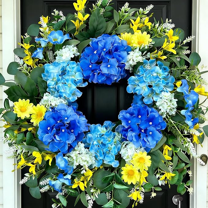 26 Inch Spring Wreaths for Front Door Outside Large Artificial Summer Wreath Silk Hydrangea Wreath with Yellow Daisy and Eucalyptus Leaves Indoor Outdoor Porch Rustic Farmhouse Home Wall Wedding Decor