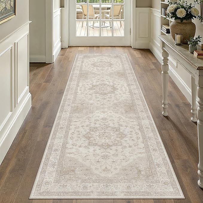 Beige Runner Rug 2x8 Washable Vintage Long Carpet for Hallway Kitchen Soft Retro Low Pile Thin Indoor Runner Non Slip Oriental Medallion Throw Rug for Bathroom Bedroom Laundry Dining Room