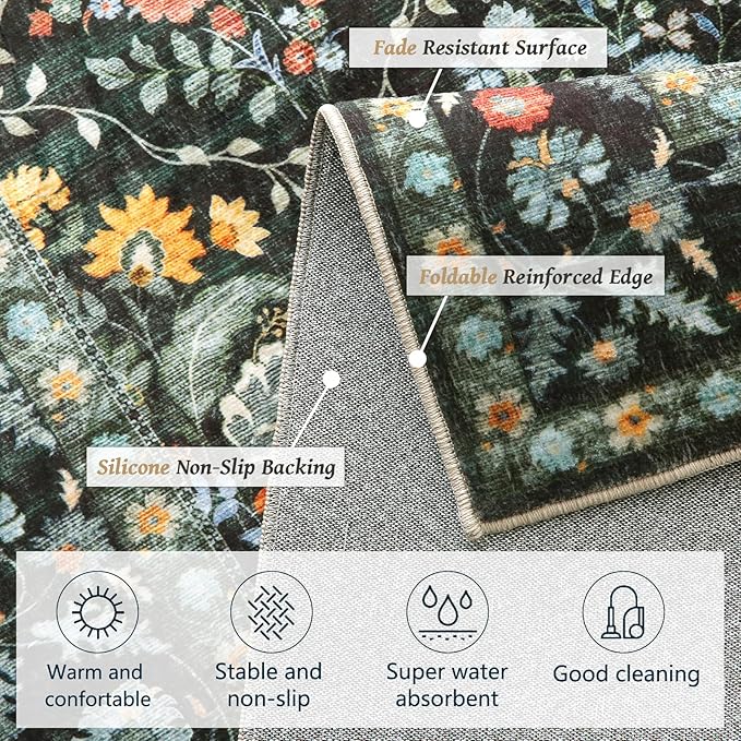 Vintage Botanical Dark Green Area Rug 4x6 Elegant Floral Pattern, Durable Stain-Resistant Fabric, Perfect for Living Room, Bedroom, Dining Room Decor