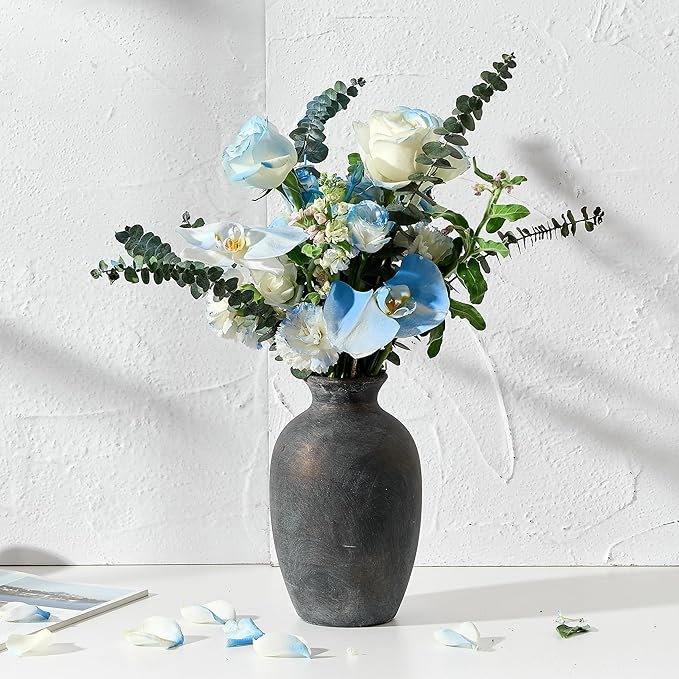 Ceramic Rustic Flower Vase, 8.38 Inch Vintage Pottery Home Decor, Farmhouse Terracotta Vase for Living Room, Table, Shelf, Mantel Decoration, Farmhouse - Black Bronze